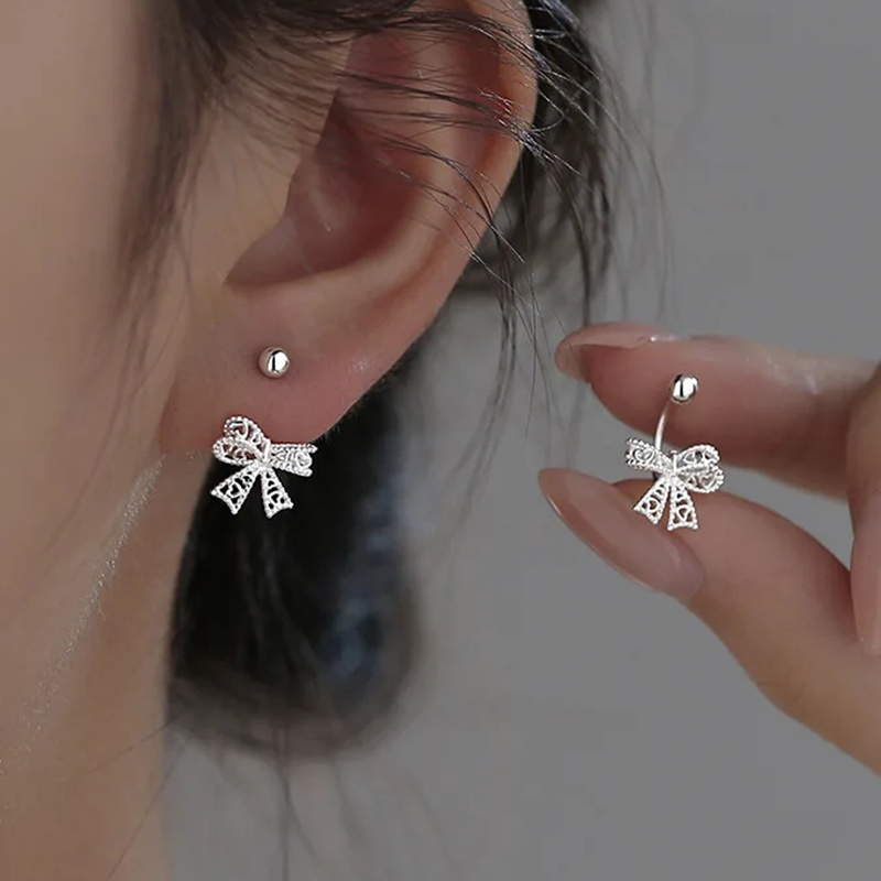 Megaarcadee S925 Silver Needle Lace Hollow Bow Screw Buckle Puncture Stud Earrings for Women Fine Y2K Elegent Jewelry Minimalist Accessories