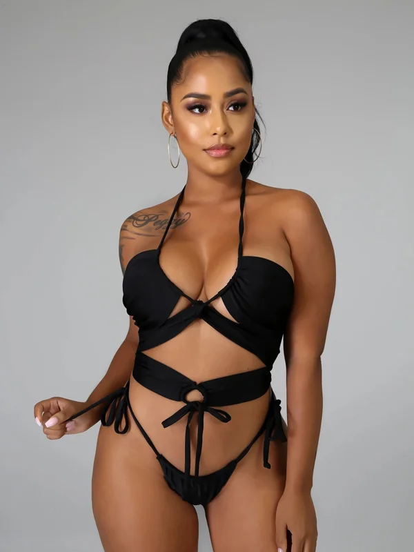 Solid Color Halterneck Cross Bandage Tie Side Bikini Swimwear