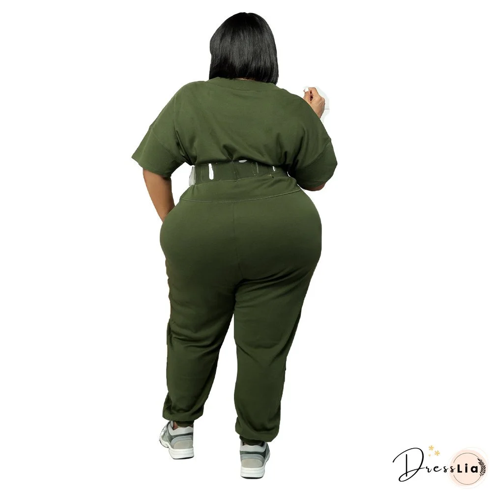 Spring Plus Size Women's Solid Short Sleeve V-Neck Jumpsuit