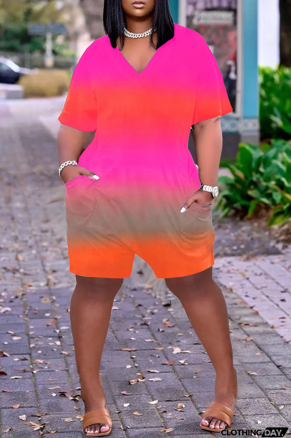 Pink Casual Gradual Change Print Tie-dye O Neck Loose Jumpsuits