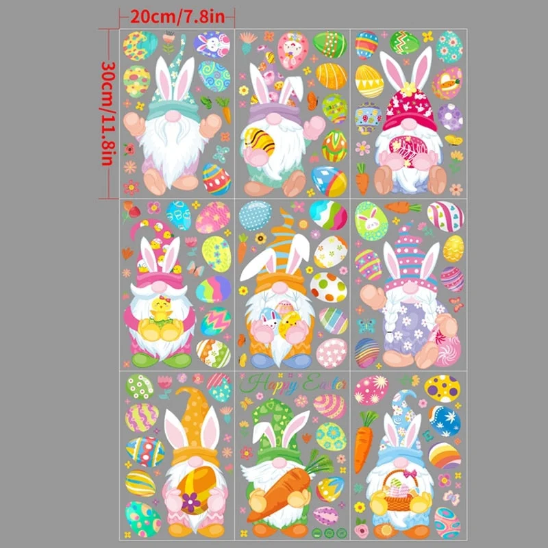 9Sheets Easter Window Stickers Cartoon Rabbit Egg Wall Sticker Fridge DIY Decal Happy Easter Party Decorations for Home 2022