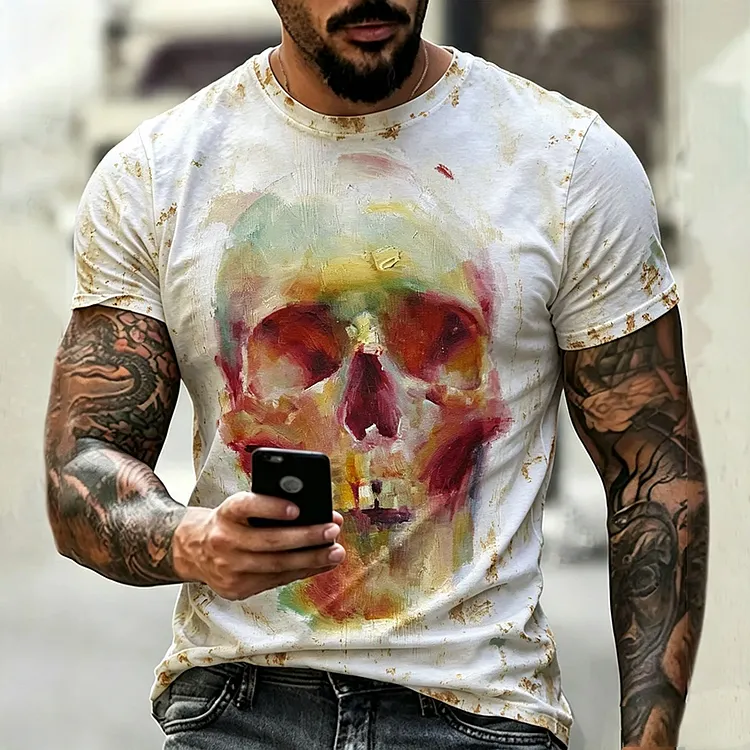 Vintage Halloween Colorful Skull 3d Art Print Short Sleeve T-shirt