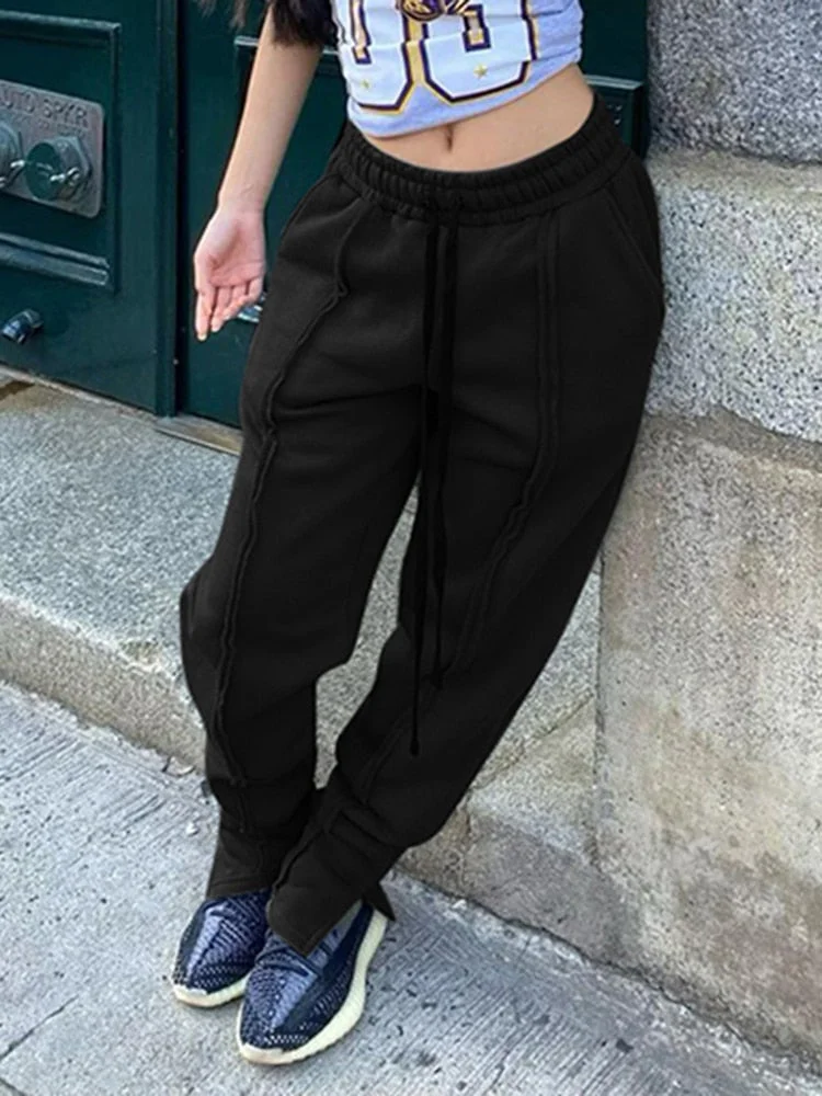 Wannathis Drawstring Waist Straight Sweatpants Autumn 2021 Casual Streetwear Daily Solid 2 Color Fashion Fitness Trousers Women