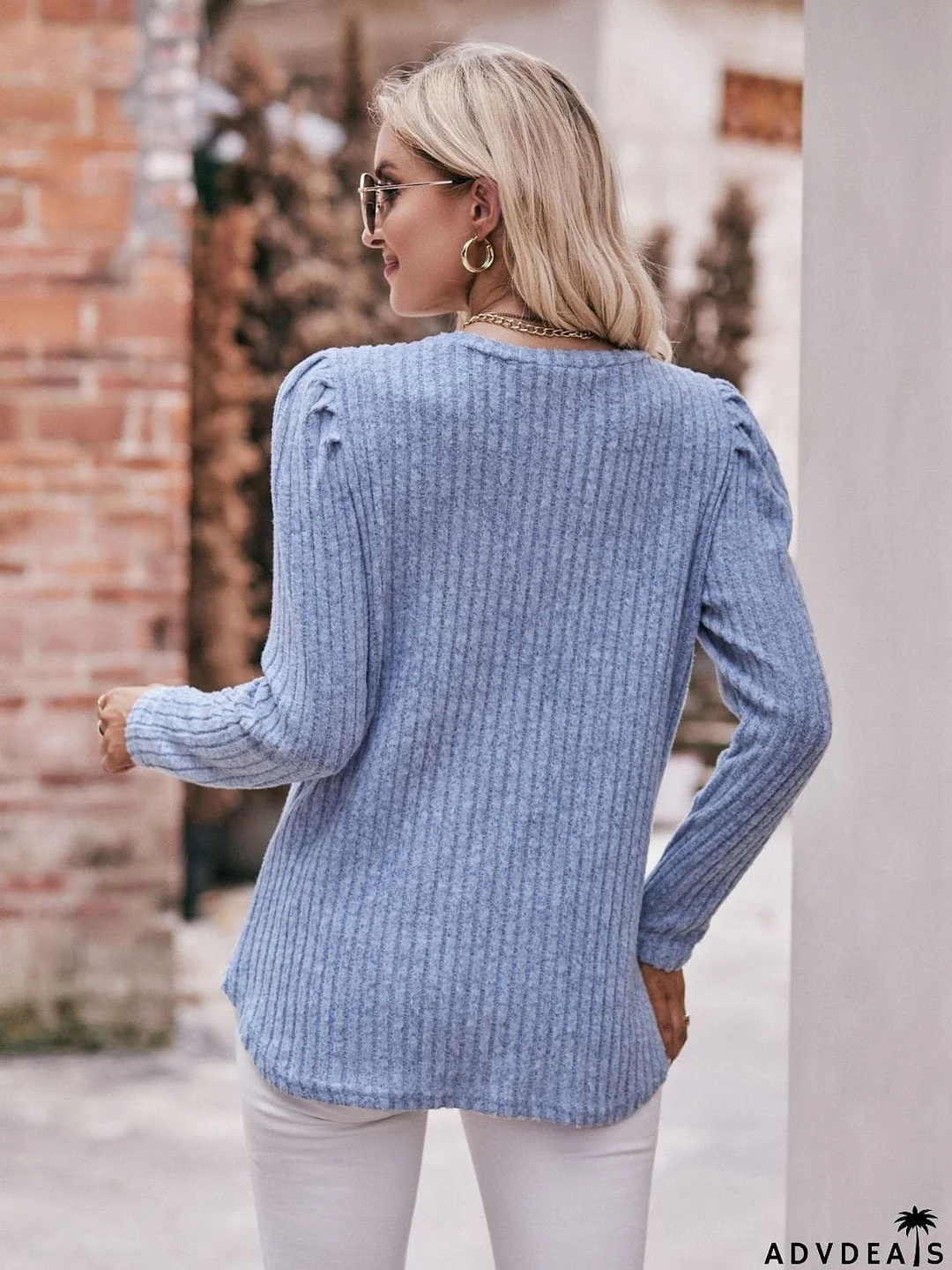 Double Take Round Neck Puff Sleeve Ribbed Top