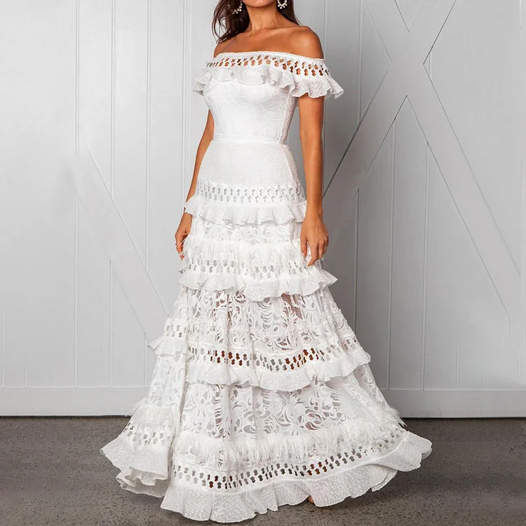 Off Shoulder Ruffle Guipure Lace Hollow Out Maxi Dress