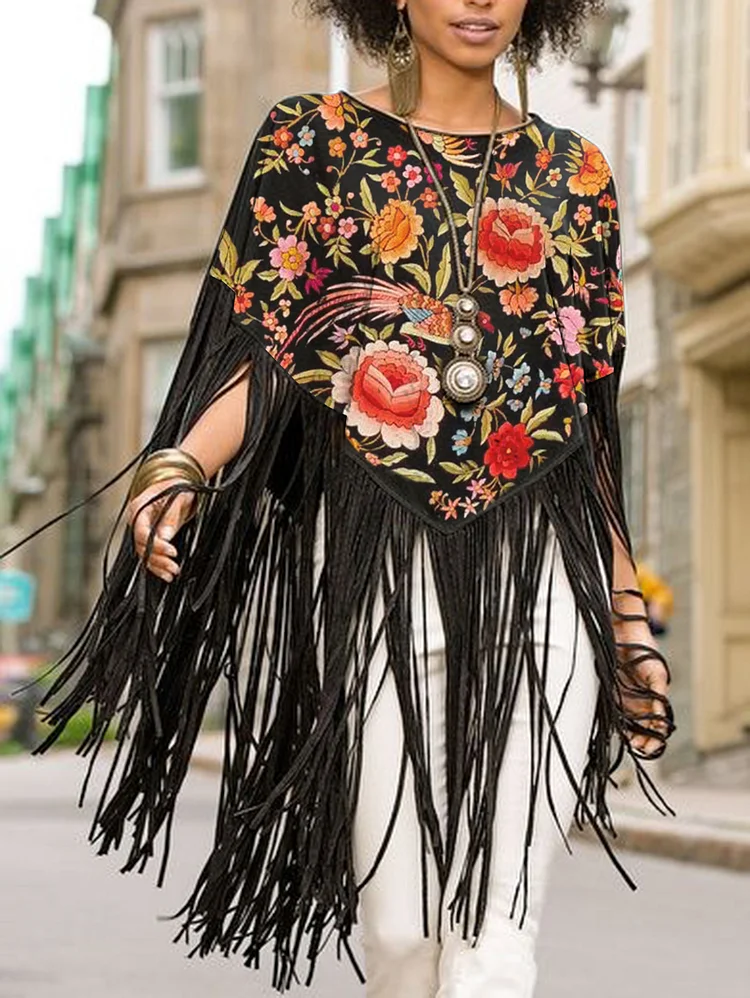 Ursime Vintage Floral Long Fringe Hem Blouse