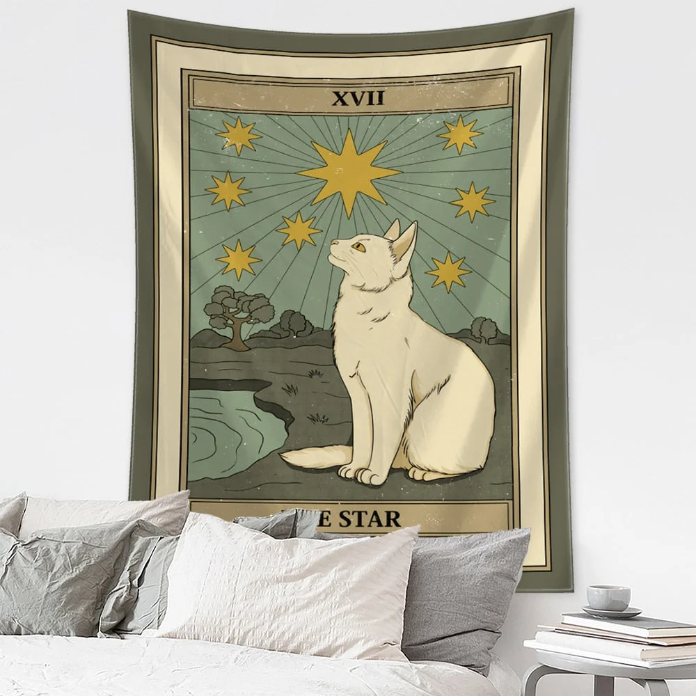 Cartoon Cat Tarot Tapestry Wall Hanging Mysterious Psychedelic Witchcraft Tapiz Hippie Kawaii Home Decor