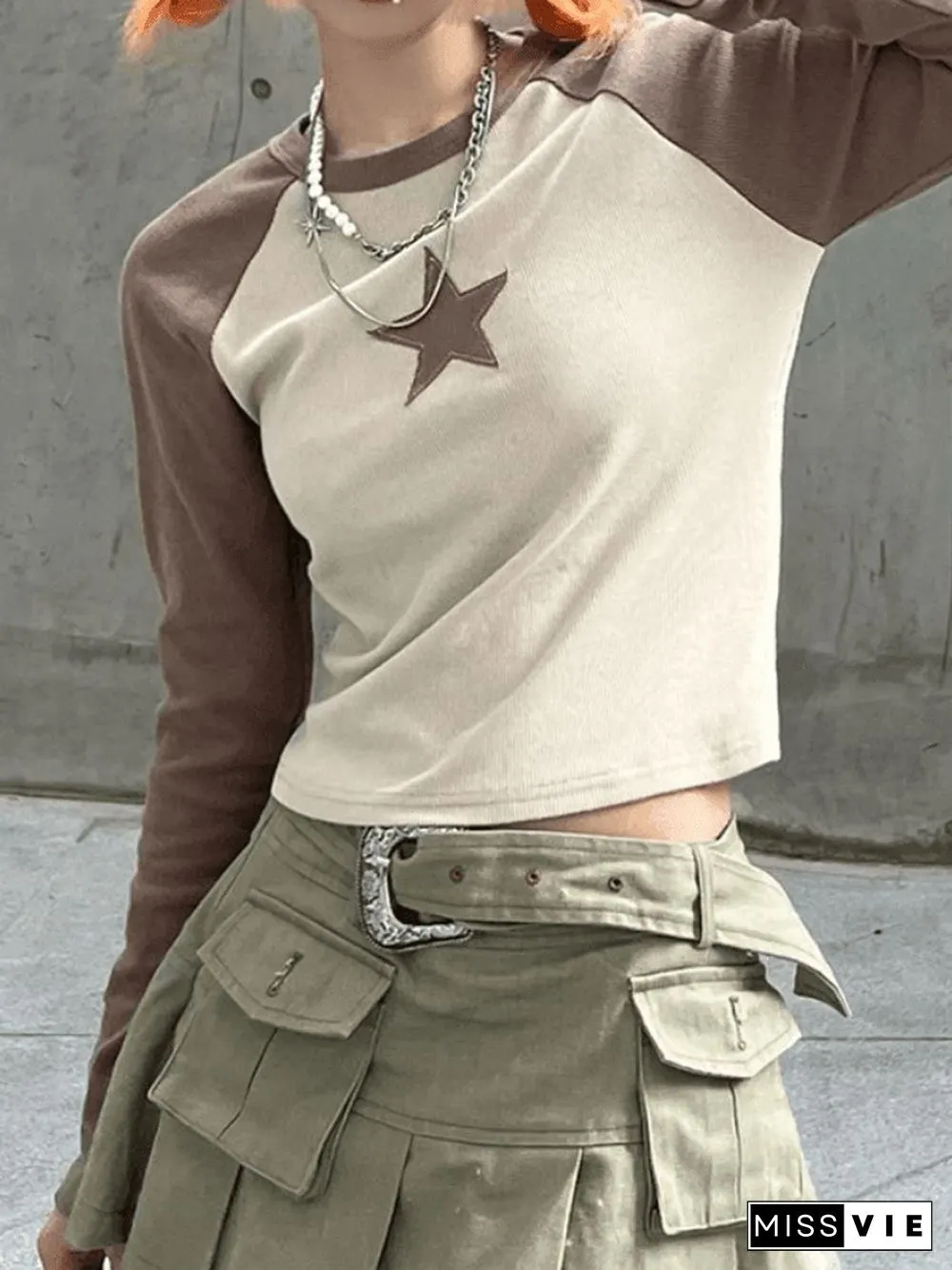 Raglan Sleeve Star Patch Knit Crop Top