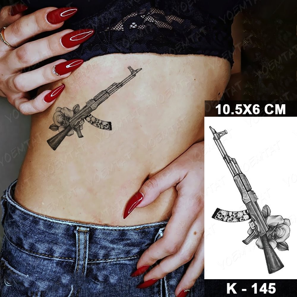Waterproof Temporary Tattoos Sticker Flower Gun Black Ak 47 Tattoo Realistic Body Art Tatoo Waist Woman Man Child Fake Tatto