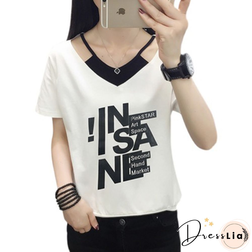 Print V- Neck T Shirt Women T-Shirt Cotton Summer Short Sleeve Woman Clothes Womens Tops Korean Style Tee Shirt Femme