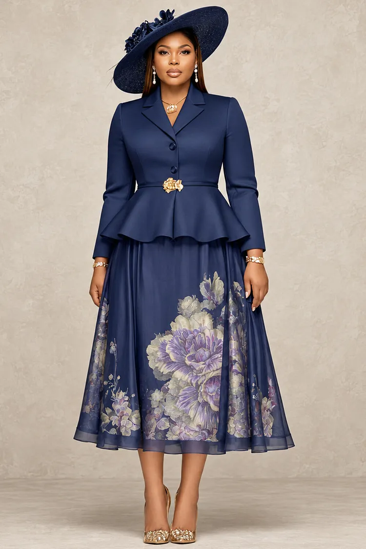 Xpluswear Design Plus Size Formal Elegant Navy Blue Floral Turndown Collar Long Sleeve Ruffle Two Piece Skirt Sets [Pre-Order] 2024 - Xpluswear