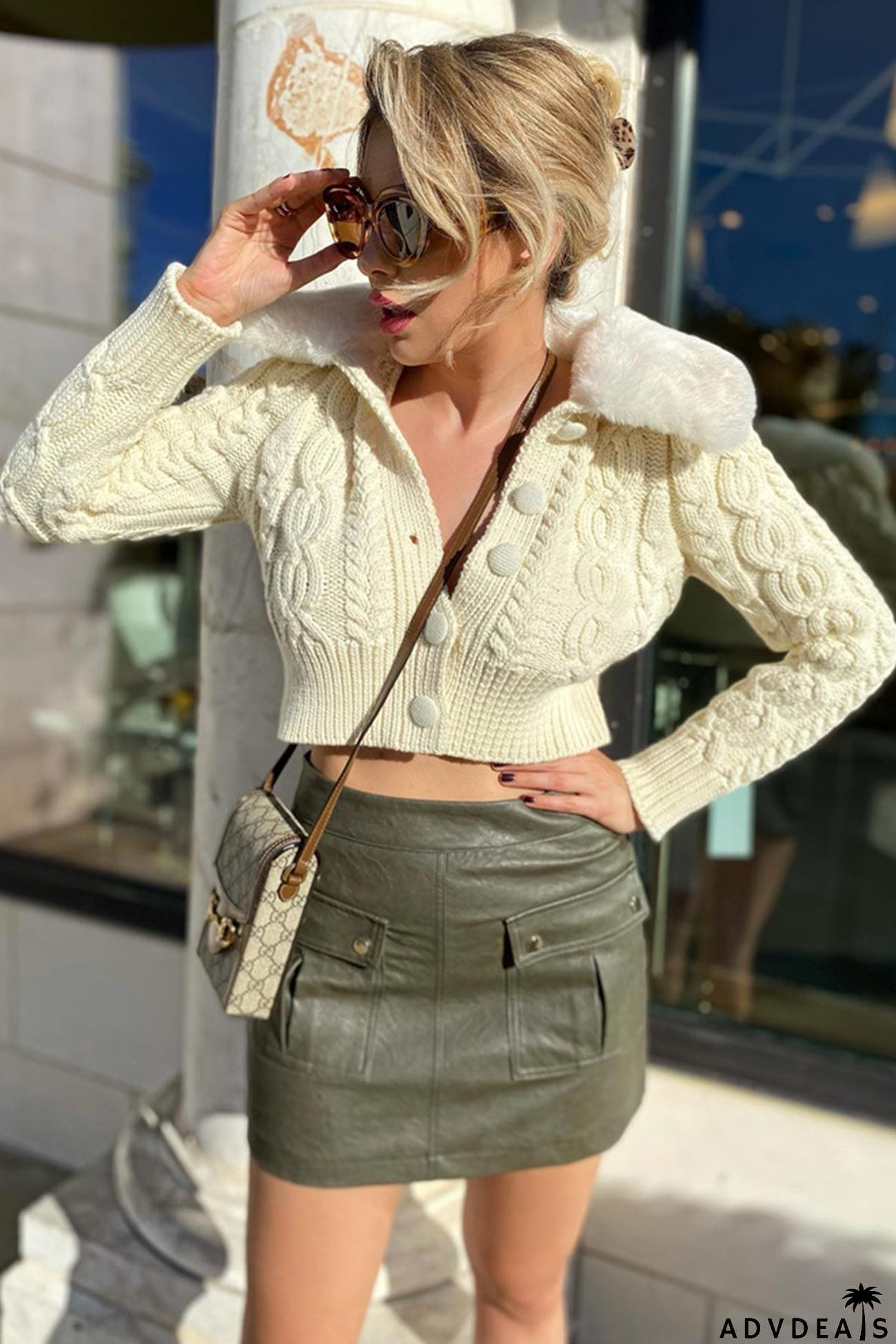 Fuzzy Lapel Cable Knit Cardigan