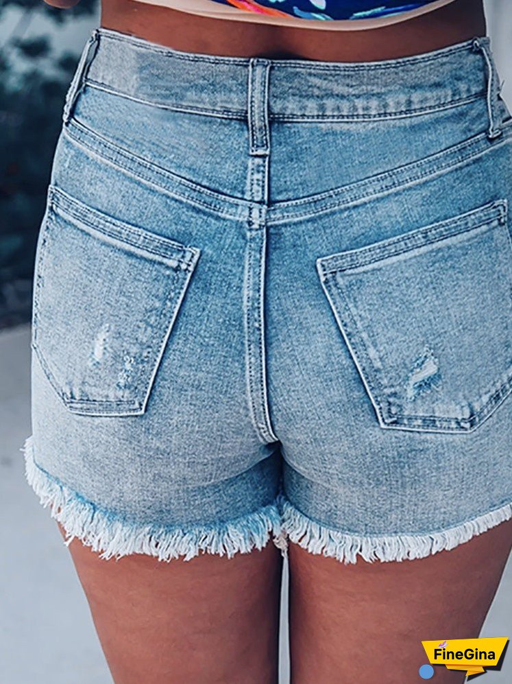 Women's Denim Shorts High Waist Ripped Single-Breasted Frayed Denim Shorts