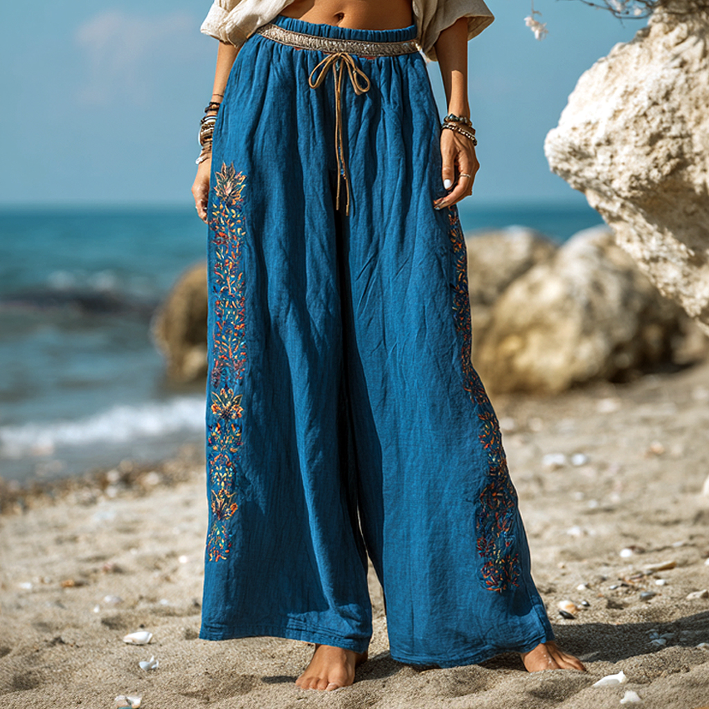 Bohemian Holiday Style Loose Casual Exquisite Embroidered Blue Beach Pants Wide-leg Pants