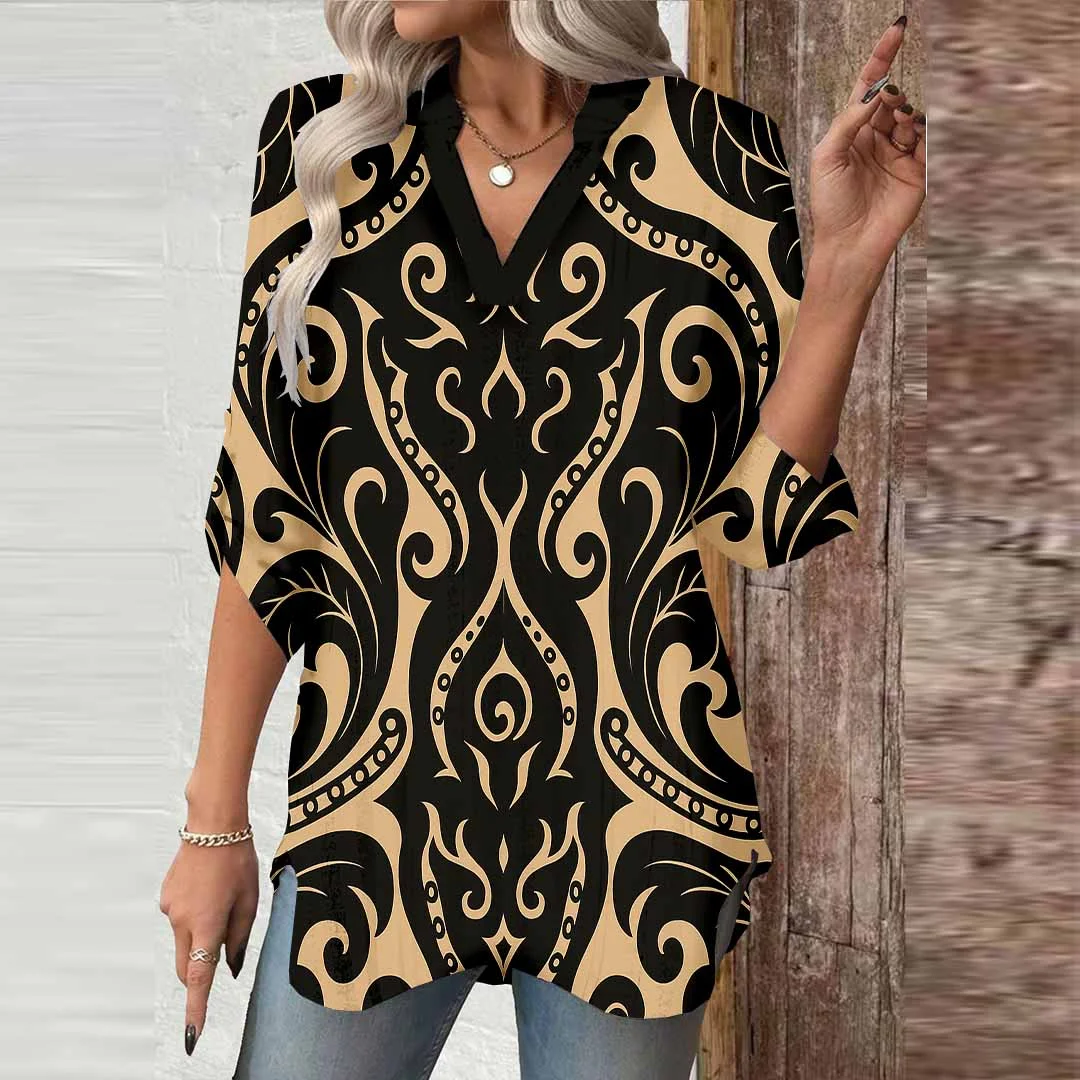 Women Perris, Black, Khaki DZGA0124 3/4 Sleeve V-neck Printed Graphic Button Tops