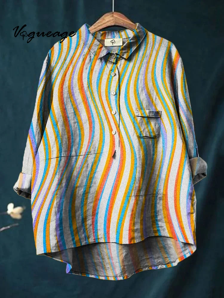 Fashionable And Simple Colorful Vertical Stripes Printed Cotton And Linen Shirt