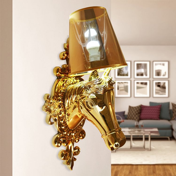 One Bulb Fabric Wall Lighting Traditional Gold/Silver Cone Corridor Sconce Light Fixture with Horse Head Backplate