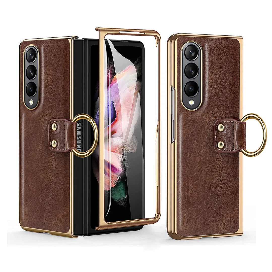 Luxury Electroplated Retro Leather Phone Case With Rotating Ring Stand For Galaxy Z Fold3/Fold4 