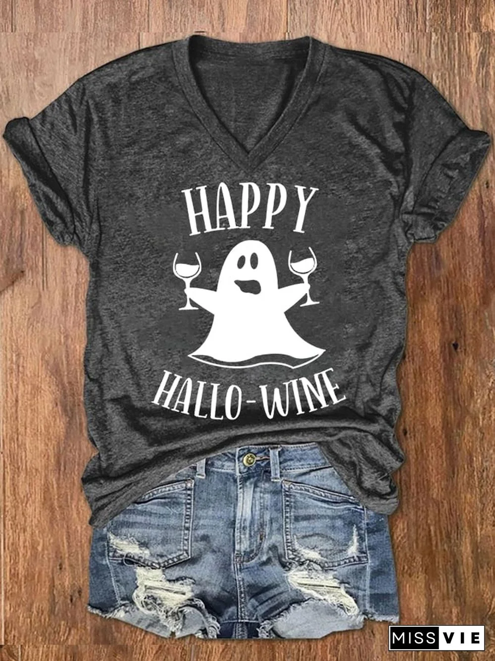 Women's Funny Happy Hallowine Spooky Casual V-Neck Tee