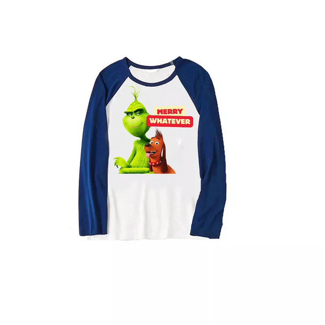 Cartoon Pattern and "Merry Whatever" Printed Navy Blue and Black Plaid Christmas Family Pajamas