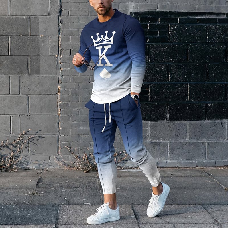 Blue White K Crown T-Shirt And Pants Two Piece Set