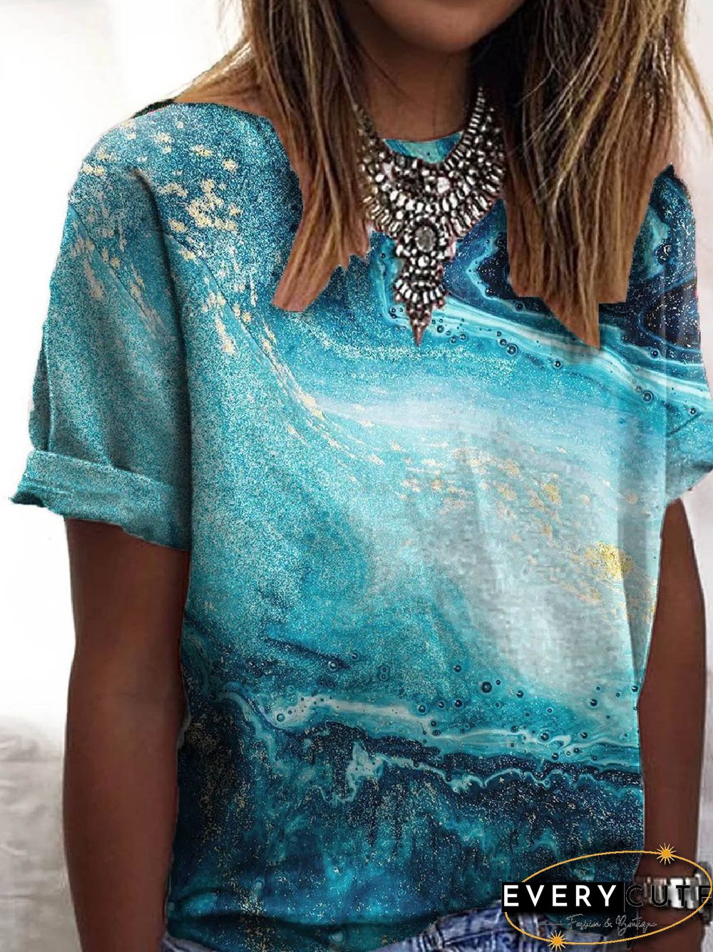 Floral-Print Short Sleeve Crew Neck Ombre/tie-Dye T-shirt