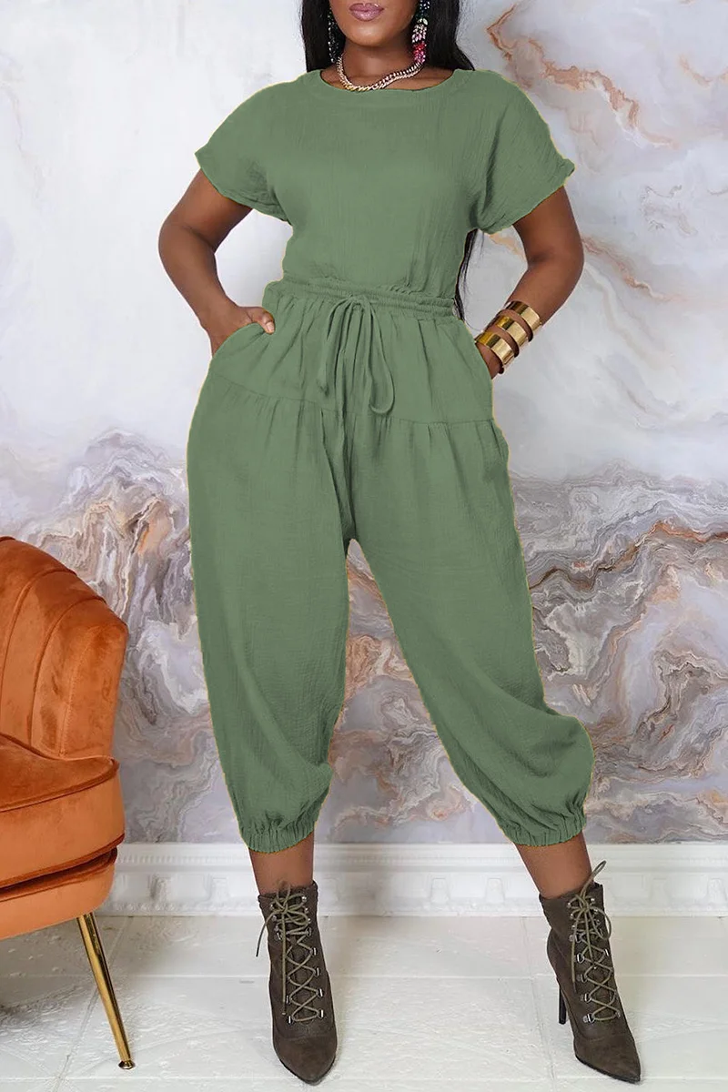 Army Green Fashion Casual Solid Color Halter Short Sleeve Top Two Pieces Set