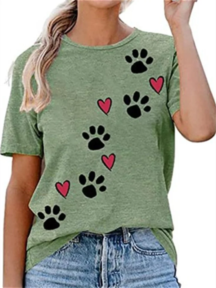 Solid Colour Cartoon Love Dog Paw Print 3D Printed Short Sleeve T-Shirt Casual Women's-Cosfine