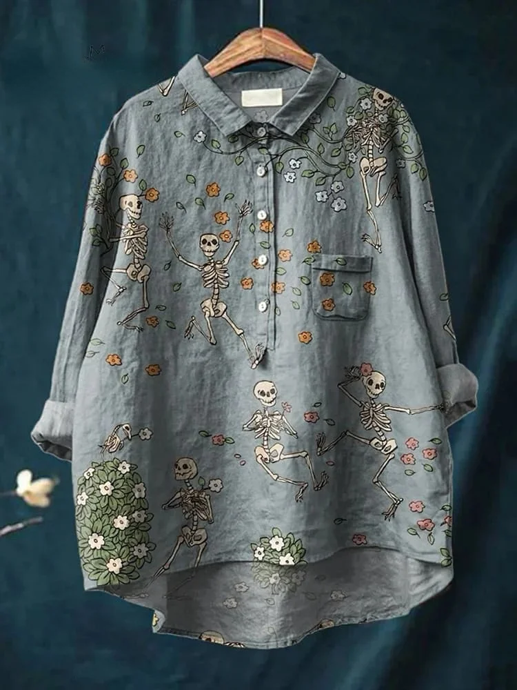 Decorative Pattern of Flowers and Happy Skulls Casual Cotton And Linen Shirt
