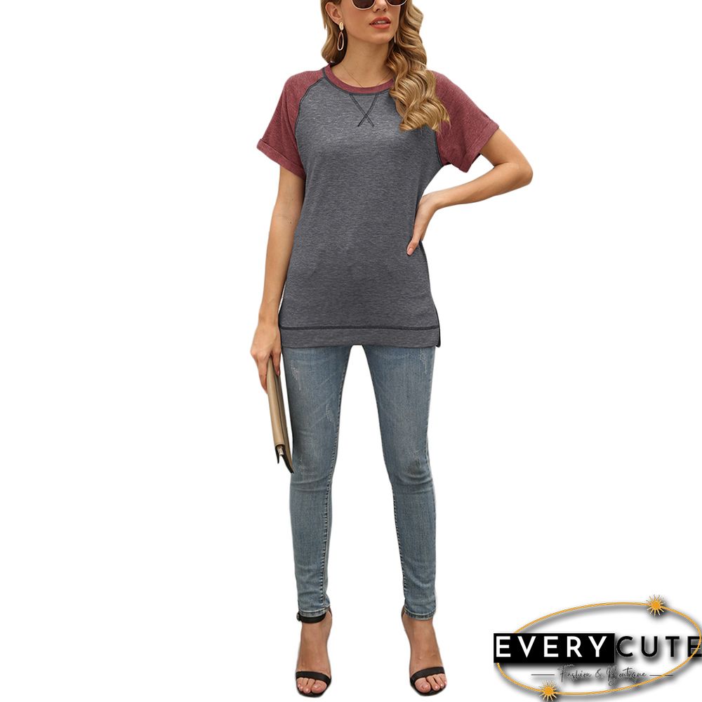 Dark Gray Patchwork Cotton Blend Short Sleeve Tees