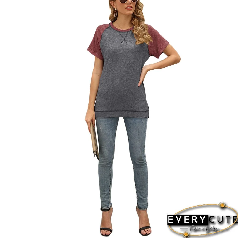 Dark Gray Patchwork Cotton Blend Short Sleeve Tees