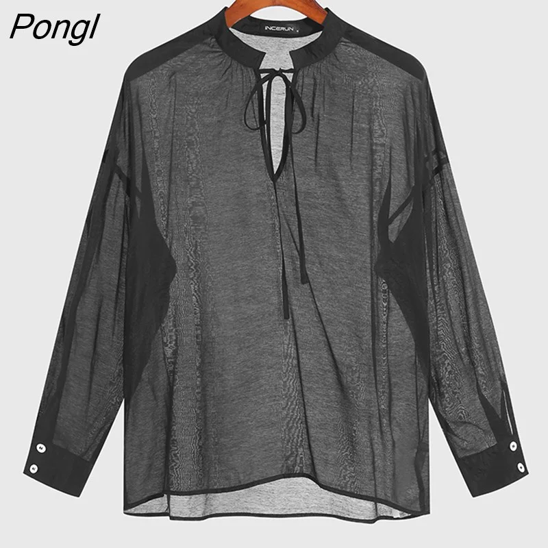Pongl Fashion Men Shirt Mesh Transparent Solid Color V Neck Long Sleeve Loose Sexy Camisas 2023 Streetwear Lace Up Tops 5XL 7