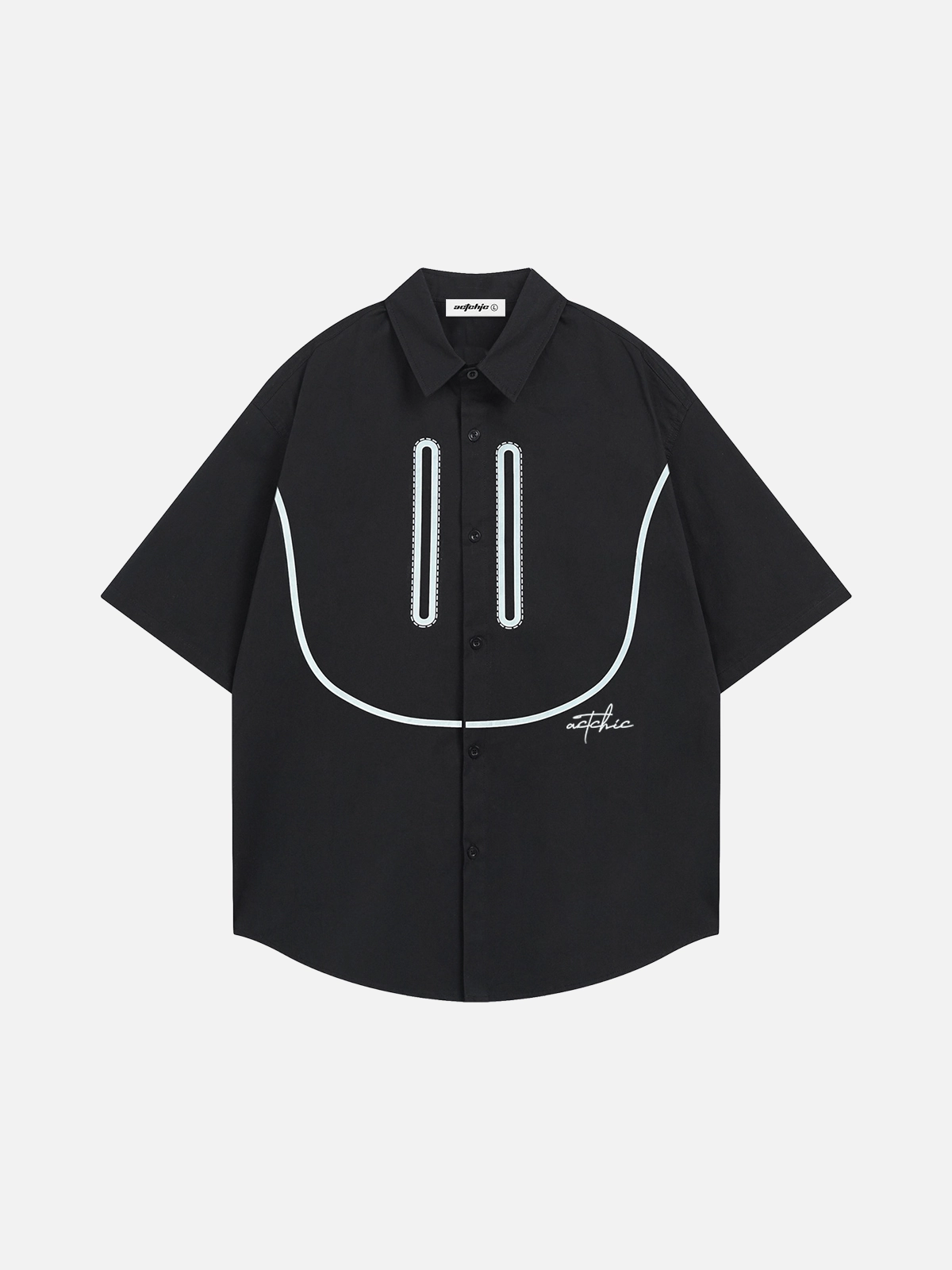 Black Act Chic Smiley Face Print Short Sleeve Shirt Front