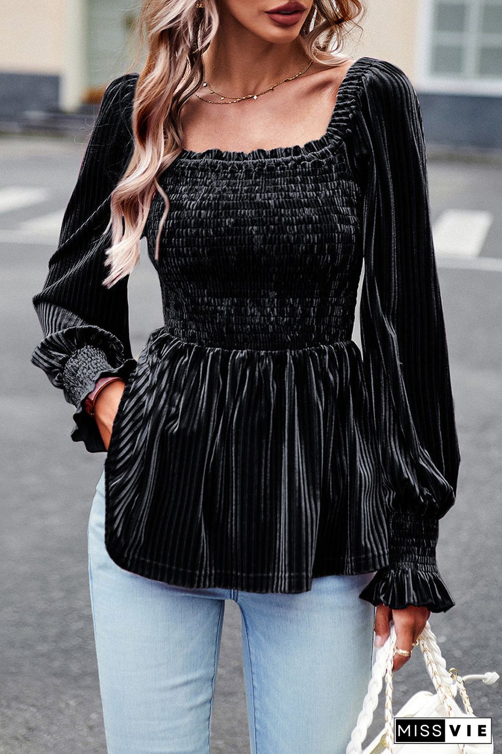 Elegant Solid Fold Square Collar Tops(4 Colors)
