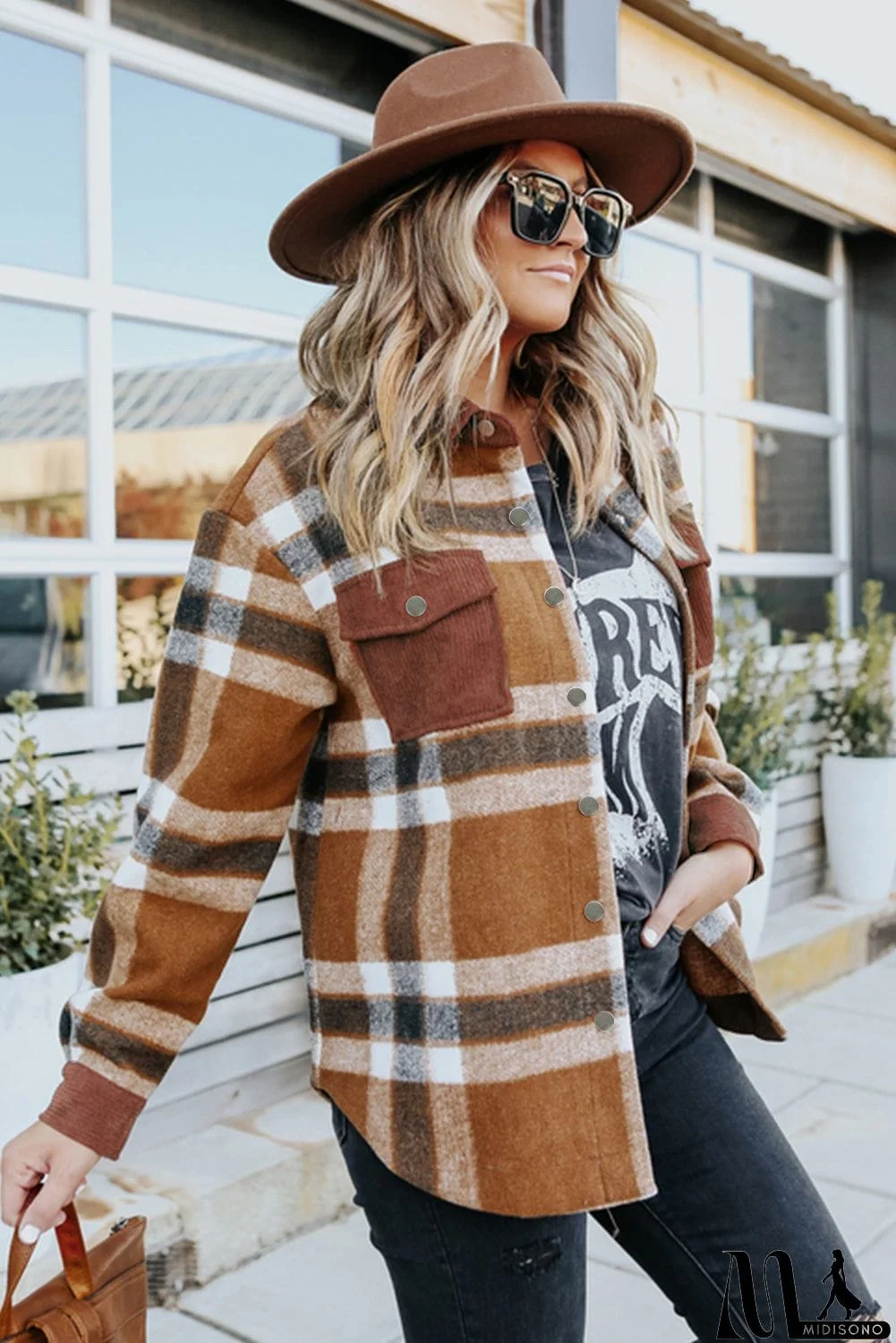 MidiSono - Pocketed Buttoned Plaid Shirt Jacket