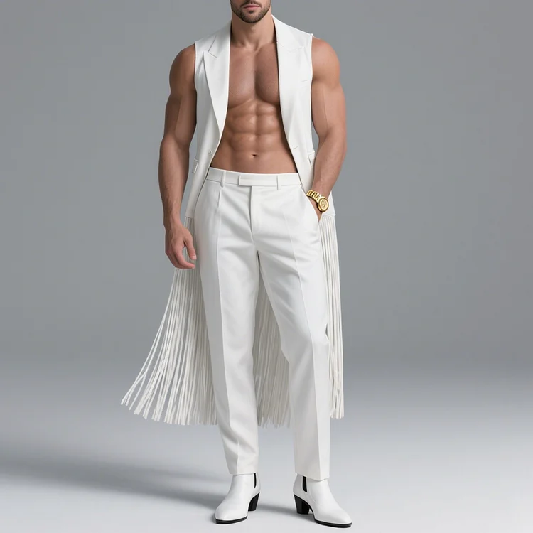Okaywear Solid Peaked Lapel Long Fringe Sleeveless Vest Okaywear