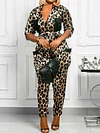 Buttoned Leopard Long Sleeves Polo Jumpsuits