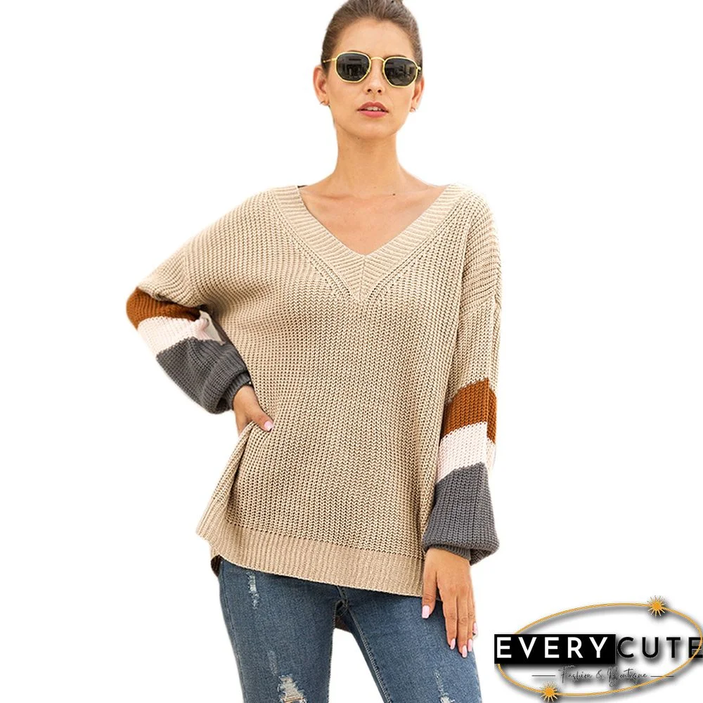 Khaki Color Block Lantern Sleeve Knit Sweater