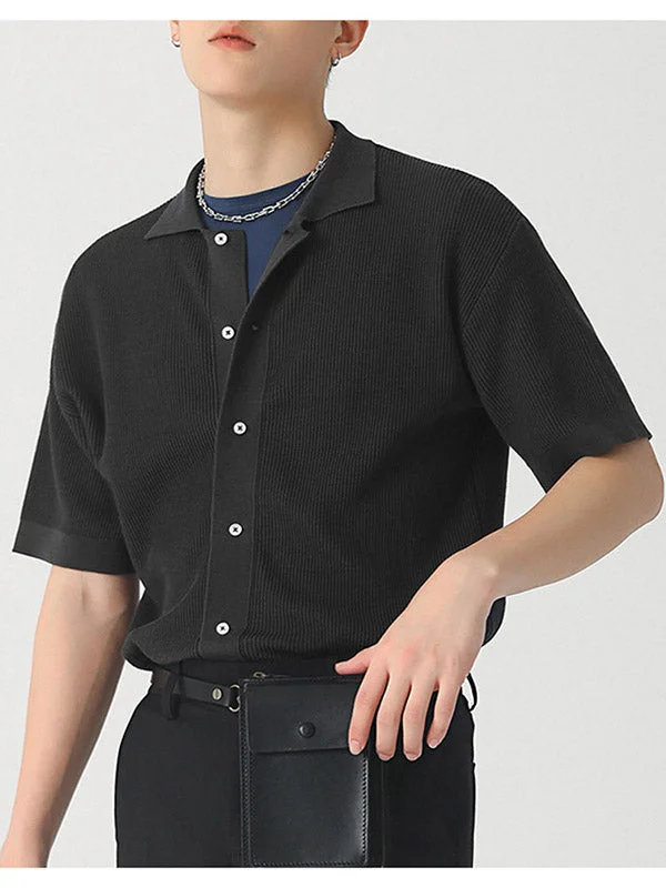 Aonga - Mens Ribbed Knit Lapel Collar Button ShirtJ