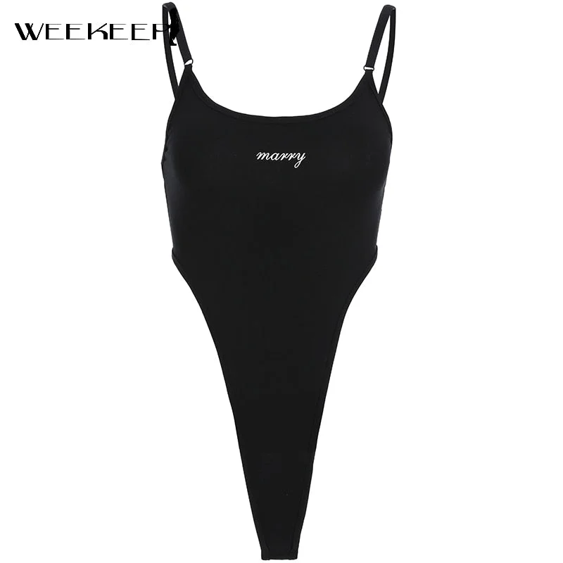 Weekeep Women High Split Waist Print Bodysuits Summer Letter Sexy Strap Backless Rompers Women Bodycon Sleeveless Black Clubwear