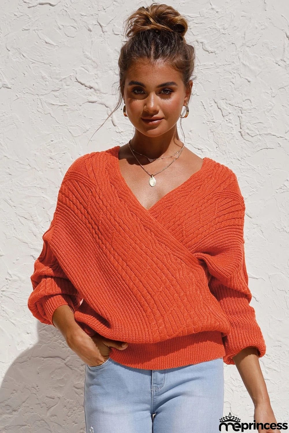 Beige Wrap V Neck Lantern Sleeve Textured Sweater