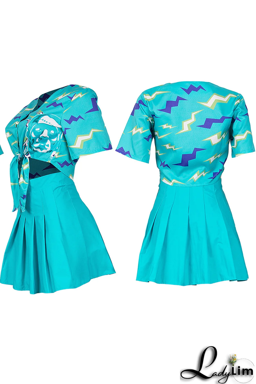 Tangerine Red Casual Print Patchwork Turndown Collar Half Sleeve Two Pieces