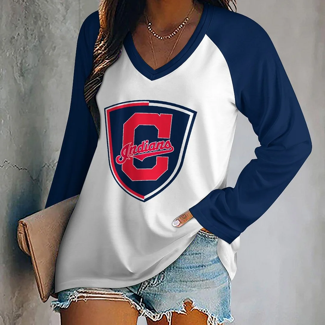 V-neck Long Sleeve Casual T-shirt for  Women and Men Printed with Pattern,Navy,Red,White