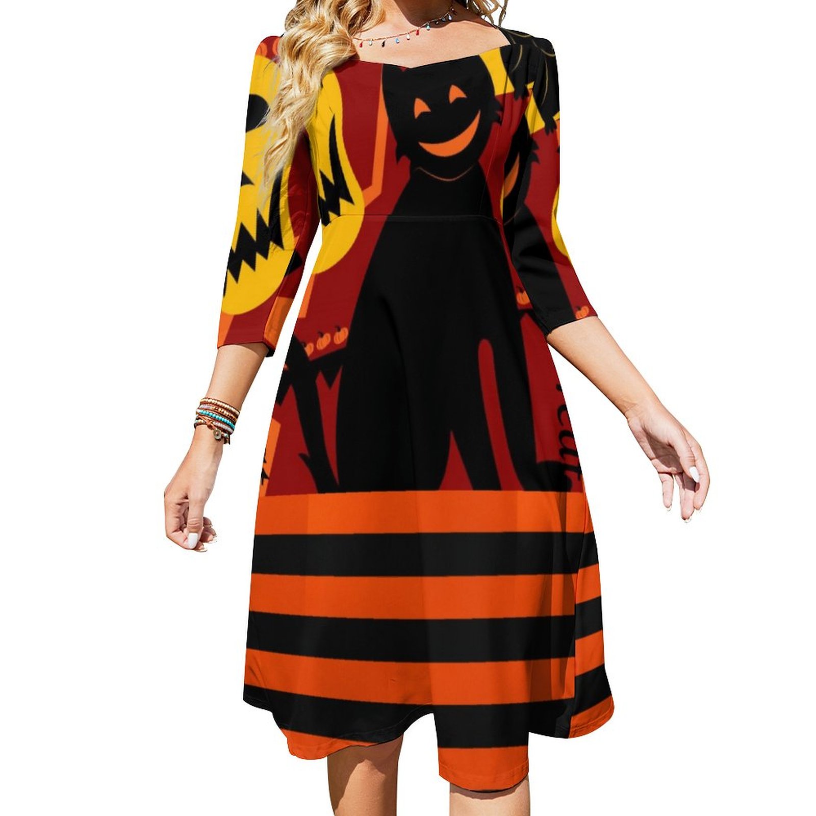 Halloween Black Cat Pumpkin Pants Dress Sweetheart Tie Back Flared 3/4 Sleeve Midi Dresses