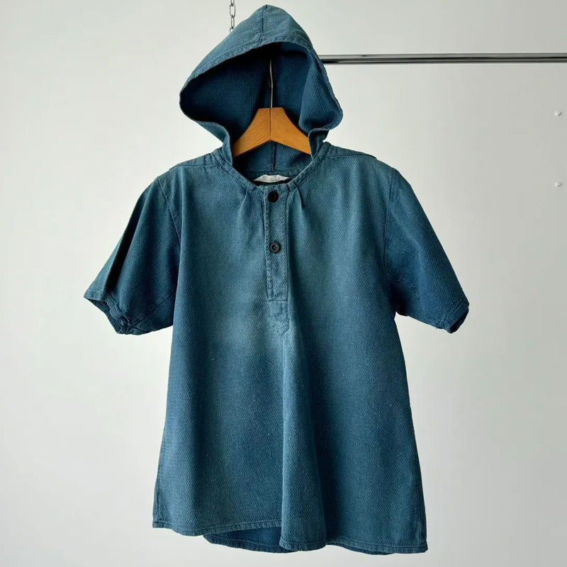 Vintage 1970s Waffle Cotton Hooded Short Sleeve Shirt