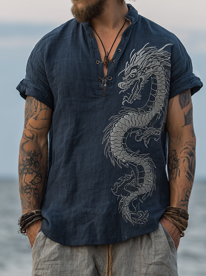 Men's Vintage Viking Retro Distressed Linen Shirt – Dragon & Rune Design / Rvogue / Rvogue