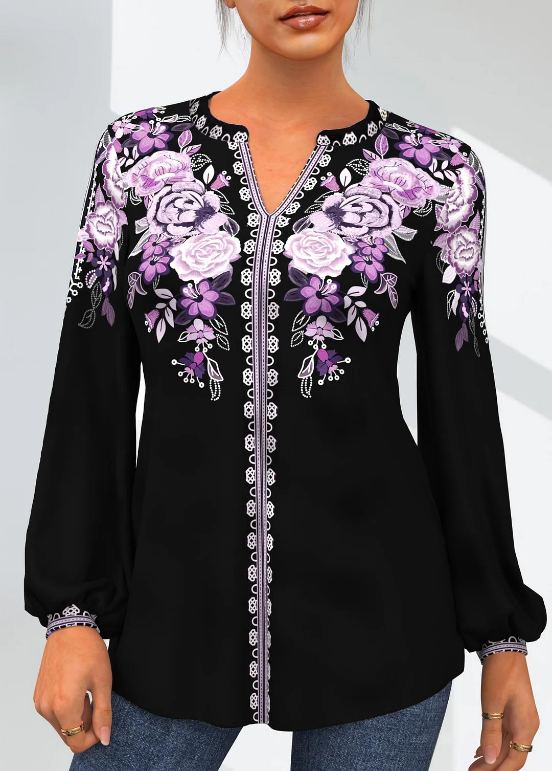 Tribal Floral Print Purple Split Neck Blouse