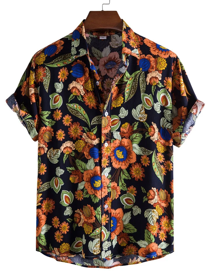 Men's Summer New Floral Men's Casual Printed Cardigan Shirt Hawaii Short-sleeved Flower Shirt