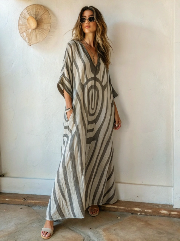 Linen Boho Printed Kaftan Maxi Dress