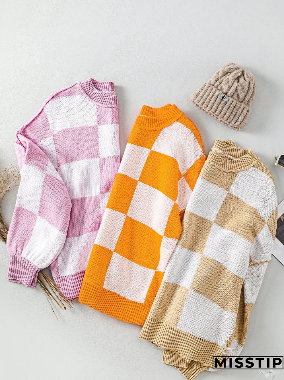 Checkered Pattern Knit Sweater for Women